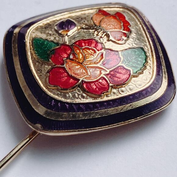 VTG 60s Cloisonne Butterfly Floral Stick Pin Enamel Jewelry Gold Tone Brooch - Picture 5 of 11
